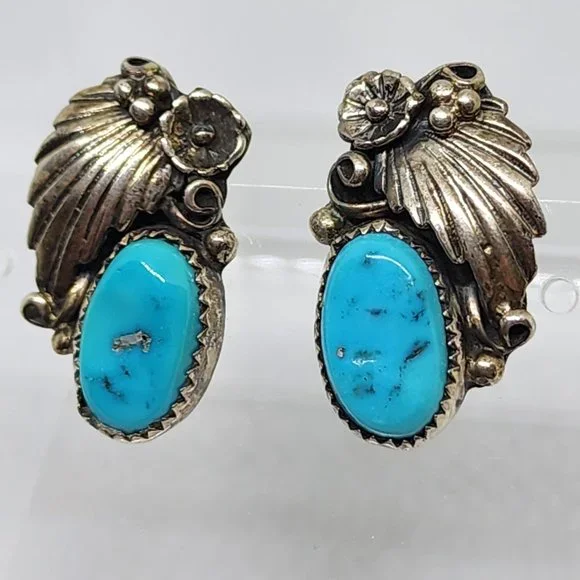 Vintage Sterling Silver Turquoise James Mason Handmade Navajo Pierced Earrings - Picture 5 of 9